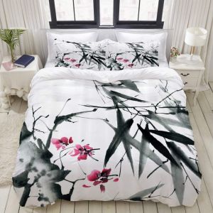 Tiges De Bambou Naturel Japonais Fleurs De Cerisier Impression D'inspiration Populaire Japonaise&pound;&not;Parure De Lit Pou Housse De Couette (X) Et Taies D'oreiller Pour Lit - Neuf