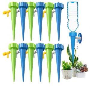 Kit de Goutte à Goutte Bouteille, 12 Pièces Kits Irrigation Goutte à Goutte Réglable, Cône d'Arrosage Automatique Interieur avec Vannes, Piquets d'arrosage Automatiques (Bleu vert) - Neuf