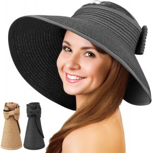 Lot De 2 Femmes Chapeaux,Visière D'été Paille Pliables,Pare-Soleil À Large Bord En Paille Pour Queue De Cheval Chapeau De Plage - Neuf