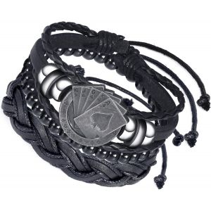 Kal-Bracelet Et Collier Ace Carte Poker, Collier Poker Carte À Jouer Bracelet Pour Homme, Chaine Pendentif Poker Et 3 Pièces Empilables Noir Cuir Tressé Homme Bracelet Bijoux Pour Garçons - Neuf