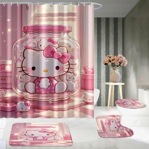 1/4 Hello Kitty Dessin Animé Mignon Rideau De Douche Ensemble De Salle De Bain,Tapis De Sol Antidérapant,Tapis De Sol En Forme De U,Siège De Toilette,Accessoires De Salle De Bain.9. 90x 180 Set - Neuf