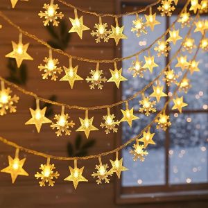 TRAHOO-Guirlande Lumineuse USB No&euml;l 6m 40 LED - &Eacute;toiles & Flocons de Neige, &Eacute;clairage Festif Ext&eacute;rieur/Int&eacute;rieur R&eacute;sistant aux Intemp&eacute;ries, pour Jardin, F&ecirc;te, Salon, Balcon - Blanc Chaud (A) - Neuf
