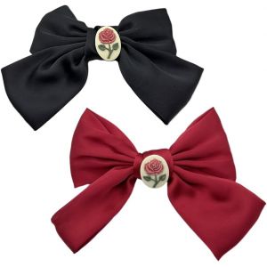 Shiba-2 Pièces Noeud Cheveux Fille, Grand Elastique Noeud Cheveux, Avec Motif De Rose (Noir + Rouge)[3104] - Neuf