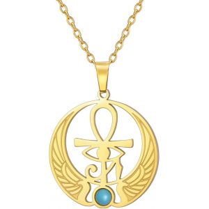 Kal-Oeil D'horus Ankh Collier Pour Femmes Hommes Acier Inoxydable Ancien Oeil D'horus Égyptien Avec Signe De Vie Égyptien Croix Ankh | Double Aile Collier Pendentif Amulette Bijoux - Neuf