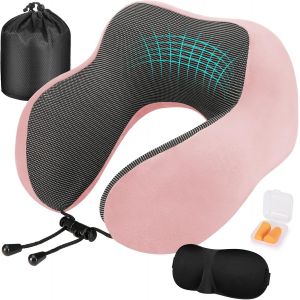 Trahoo-Coussin De Voyage, Oreiller De Voyage À Memoire De Forme, Coussin Voyage Ergonomique Pour Avion Et Train, Masque Pour Dormir, Bouchons D' Oreilles, Sac Transport Inclus - Neuf