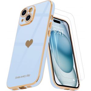 JGD-Coque Compatible avec iPhone 15 Plus + 2 Films de Protection d'&eacute;cran, Coque pour Fille, Coque de Protection d'appareil Photo galvanis&eacute;e pour iPhone 15 Plus, Bleu Clair - Neuf