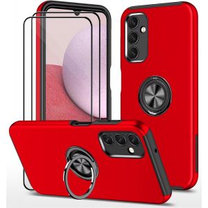 Kal-Coque Pour Samsung Galaxy A05s (6.7") Et 2 Pièces Verre Trempé Housse Etui Support De Bague Résistant Aux Chocs Résistant Aux Rayures Pc Silicone Heavy Duty Robuste Durable- Rouge - Neuf