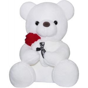 Ours Peluche Ours Teddy Bear Avec Rose,Mignon Juet En Peluche Oreiller Ours Cadeau De Poup&eacute;e Pour Enfants Gar&ccedil;ons Filles Anniversaire No&euml;l Saint Valentin,White(23Cm,Blanc) - Neuf