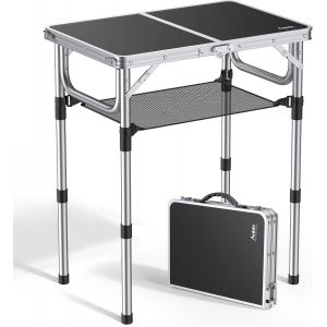 Subzonal-Table De Camping Pliante Avec Rangement Net Table De Pique-Nique Portable 3 Hauteur En Aluminium+Mdf Pour Int&eacute;rieur Ext&eacute;rieur Plage Camping Pique-Nique - Noir - Neuf