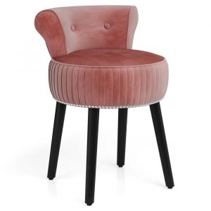 Tabouret de Coiffeuse COSTWAY avec Dossier Bas Capitonn&eacute; et Pieds en Bois Massif -Style Mi-si&egrave;cle Rose - Neuf