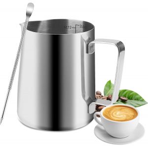 KAL-Pichet Lait Inox, 350 Ml Pot A Lait Inox,Avec Marque De Mesure Et Accessoires Barista Stylo Latte Art Pour Cappuccino Et Latté, Expresso, Argent - Neuf