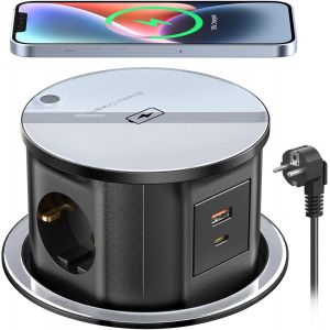 Prise Encastrable Plan De Travail, Bloc Multiprise Encastrable 3 Prises Avec Chargeur Sans Fil 15W, 2 Ports Usb, Câble 2M, Diamètre 120Mm Noir - Neuf