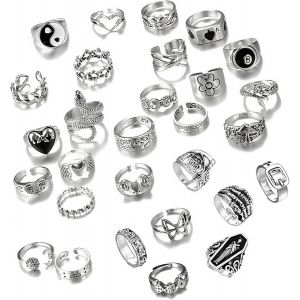 Kal-Y2k Lot De 29 Bagues, Accessoires De D&eacute;coration, Accessoires Emo, Bagues En Argent, Hommes Et Femmes, Peuvent Porter Des Bijoux, Argent, Nouveaux Motifs, Cr&acirc;ne, Fleurs, Serpents, Etc - Neuf
