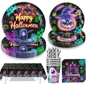 Sjzg-Lot De 51 Pièces De Vaisselle De Fête D'halloween En Papier Fluo - Accessoires De Fête D'anniversaire - Avec Assiettes En Carton Citrouille - Gobelets Fantôme - Décoration D'anniversaire - Vaiss - Neuf