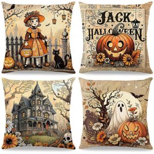 Cauc-4 Pi&egrave;ces Taie D'oreiller Halloween 40x40cm,Housses De Coussin Halloween En Lin,Housse De Coussin De Canap&eacute; Avec Motifs Citrouille,Fant&ocirc;me,Chat Noir,Chauve-Souris Et Ch&acirc;teau,Pour F&ecirc;te D'halloween - Neuf
