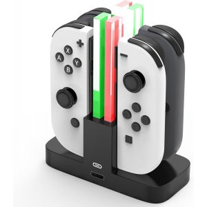4 En 1 Chargeur Station De Charge Pour Joy Con, Station De Recharge Pour Manettes Nintendo Switch Dock Avec Indicateur Led, Usb Type-C - Neuf