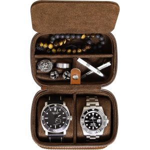 Organisateur De Rangement Pour &Eacute;tui De Voyage Pour 2 Montres, Ecrins Pour Montres | Protection Portable Robuste Avec Fermeture &Agrave; Glissi&egrave;re S'adapte &Agrave; Toutes Les Montres-Bracelets (Tan/Marron) - Neuf