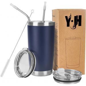 Eryi-20oz (550ml) Gobelet De Voyage Tasse À Café À Paroi Double Isolée Sous Vide Acier Inoxydable,Avec 2 Couvercles Anti-Éclaboussures, 2 Pailles Et Brosse De Canalisation, Sans Bpa - Bleu Marin - Neuf