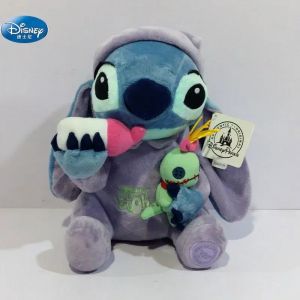 Peluche Stitch pyjama violet avec Scrump et biberon - 35 cm, Disney officiel - Neuf
