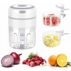 Mini Hachoir À Oignons Électrique Avec 2 Tasses, Mixeur De Cuisine Électrique Multifonction 250 Ml + 100 Ml, Rechargeable Par Usb Pour Légumes, Fruits Et Viandes (Blanc) - Neuf