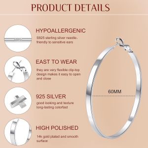 Kal-Boucles D'oreilles Créoles Pour Femmes En Argent 925 Post Créoles Hypoallergéniques Plaquées Or 14k À Gros Tube Creux Boucles D'oreilles Créoles 4mm En Argent Or 30/40/50/60/70mm - Neuf
