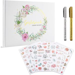 Livre d'or Mariage, Album Photo Livres d'or Vintage Vierge 23.6x18cm, Livre pour Anniversaire, Baptême, Cérémonie Couverture Rigide, 120 Pages Papier Kits de Moulage avec 8 Stickers 2 Stylo - Neuf