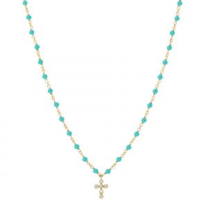 Collier Argent Dor&eacute; Croix En Zirconium Blanc Et Pierres Turquoise - Neuf