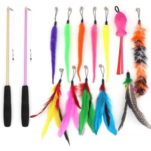 Letnerny-Lot De 14 Jouets Pour Chat Avec 2 Baguettes Interactives Rétractables Et 12 Plumes Colorées Remplaçables Avec Clochettes Pour Animal Domestique - Neuf