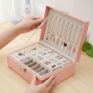 Boîte à bijoux (rose) pour femme, boîte à bijoux de voyage verrouillable en cuir, organisateur de bijoux à 2 niveaux, petit étui de rangement pour bijoux - Neuf