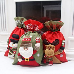 Lot de 3 sacs de Noël en toile avec cordon de serrage, pochettes cadeaux de Noël, pochettes à bonbons, pochettes à friandises pour emballage de bonbons, décorations de Noël - Neuf
