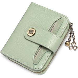 Petit portefeuille compact &agrave; deux volets en cuir v&eacute;ritable vert clair pour femme avec protection RFID - Neuf