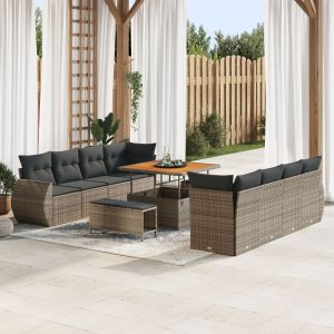 Ensemble De Canap&eacute; De Jardin De 11 Pi&egrave;ces Avec Coussins Gris Poly Rotin Acacia, Ensemble De Salle &Agrave; Manger De Jardin De 3 Pi&egrave;ces Avec Coussins Gris Poly Rotin Acacia - Neuf