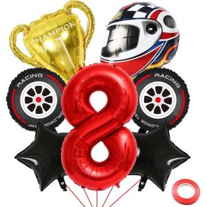 Ballons Baudruche 8 Ans Anniversaire D'une Voiture Course Ballons Course 8ème Anniversaire Grand Casque Roue Pneu Trophée Ballon Rouge Numéro 8 Ballon Pour Fête D'anniversaire Garçons - Neuf