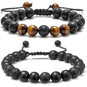 Pierre De Lave Bracelet - 8 Mm En Oeil De Tigre Pierre De Lave De Pierre Bracelet, Soulagement Du Stress, Yoga Perles Bracelet Réglable De L'anxiété De L'aromathérapie Huile Essentielle - Neuf