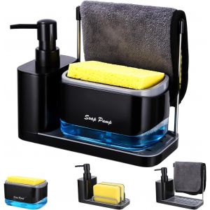 ERYI-Distributeur Liquide Vaisselle, Distributeur Savon Porte-Éponge De Qualité Supérieure 4 En 1, Distributeur Savon Cuisine(Noir) - Neuf