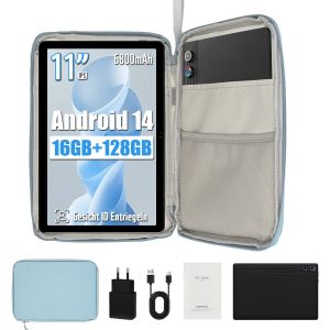 Tablette Tactile 11 Pouces Android 14 Octa-Core, 16Go RAM 128Go ROM extensible jusqu&#39;à 1 To, HD 1280x800 IPS, Caméra 8MP &#43; 5 MP, 5G&#43;2.4G WiFi BT 5.0, 6800 mAh Batterie, avec Sac d&#39;ordinateur Bleu - Neuf