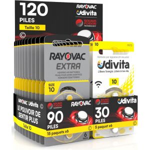 120 Piles pour appareils auditifs Rayovac Extra Advanced 10. 120 Piles : 90 Rayovac + 30 - Neuf