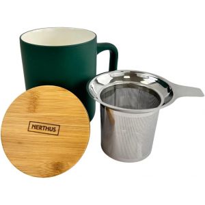 Kalanka-Fih 1569 Tasse En C&eacute;ramique Avec Infuseur En Acier Inoxydable Et Couvercle En Bambou, Design &Eacute;l&eacute;gant, Id&eacute;al Pour Th&eacute; Et Infusions Vert Mer 375 Ml - Neuf