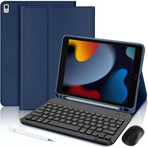 Coque Clavier pour iPad 10,2 Pouces (2019/2020/2021) Cuir PU Bleu Marine avec Clavier + Stylet + Souris - Neuf