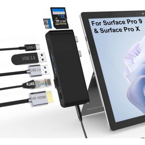Station d'accueil Surface Pro 9, Adaptateur hub Surface Pro 9 avec LAN 100 Mbps, 4K HDMI, 100W USB-C, 2 USB 3.0, Audio 3.5mm, Lecteur de Cartes SD/TF pour Microsoft Surface Pro 11/10/9/X - Neuf