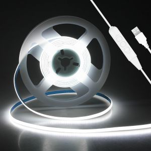 Bande Led Cob &Agrave; Intensit&eacute; Variable - 2 M - 5 Mm De Large - 5 V - Blanc Froid - 6000 K - 800 Led - Avec Interrupteur - Pour Chambre &Agrave; Coucher, Tv - R&eacute;tro&eacute;clairage Mural - D&eacute;coration De Cuisine - Neuf