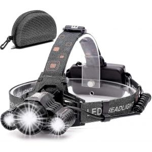 Lampe Frontale Led Rechargeable, 10000 Lumen Lampe Torche Puissante 4 Modes 3 Led Cree Xml-T6 Torche De T&ecirc;te &Eacute;tanche Zoomable Avec C&acirc;ble Usb Et 2 Batteries Ca - Neuf