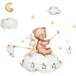 Trahoo-Sticker Mural Ours Lapin Stickers Muraux Avec Étoiles Lune Nuages Lapin Ours Autocollant Mural Stickers Chambre Enfants Stickers Muraux Enfants Animaux Pour Garçon Chambre D'enfant Fille - Neuf