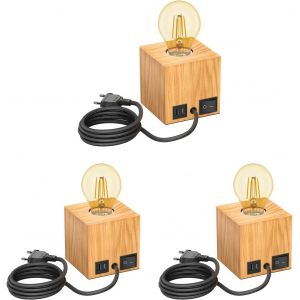 Lampe De Table Hito, Interrupteur, Usb, Bois Véritable (Hévéa), Carré, Marron Clair, 1x E27 Max. 60w - Neuf