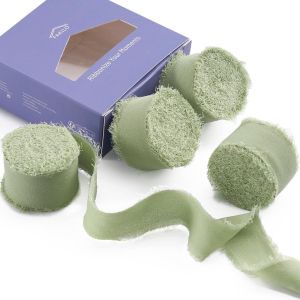 Ruban En Mousseline De Soie &Agrave; Franges Fait &Agrave; La Main 4 Rouleaux De Ruban Vert Clair De 2,5 Cm X 5 M De Ruban Rose Blush, 20 M De Ruban En Mousseline - Neuf