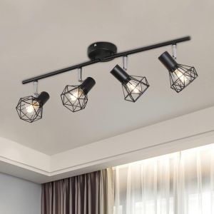 Subzonal-Plafonnier Led 4 Spots Orientables Pivotants Plafonnier Industrielle R&eacute;tro En M&eacute;tal Noir Cage, Spots De Plafond Suspension Luminaire Spot Led Pour Cuisine Couloir Salon Chambre Coucher - Neuf