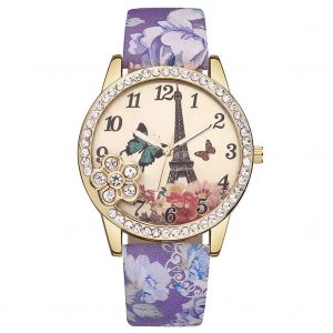 Montre A Quartz Vansvar Pour Femme Avec Bracelet En Cuir Synthetique Et Strass (Violet) - Neuf