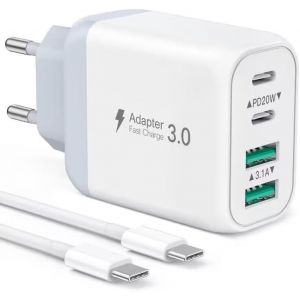 JGD-Chargeur Type C Rapide 40W - 4 Port Adaptateur Secteur USB C PD et QC Avec 2M C&acirc;ble - Pour iPhone 15 Series, Samsung Galaxy S23 Ultra/S23/S22/S21/S20/S10 (Blanc) - Neuf