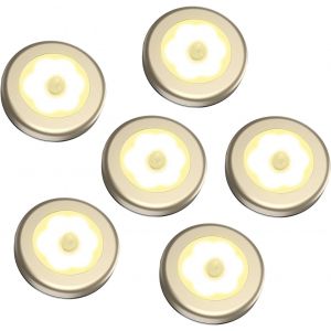 6pcs Lampe Détecteur De Mouvement, Lampe De Placard, Veilleuse 6 Led, Automatique Appliques Pour Vitrines Avec Aimant Intégré, Alimenté Par Batterie Pour, Escalier, Cuisine, Penderie - Doré - Neuf