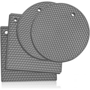 Lot De 4 Dessous De Plat Ronds Et Carrés En Silicone, Tapis De Dessous De Plat En Silicone, Coussin Chauffant, Ouvre-Boîte, Pince, Éplucheur D'ail, Tapis De Séchage, Dessous De Verre (Gris Clair) - Neuf